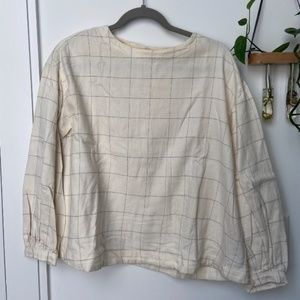 White and Gray Checkered French-style Blouse